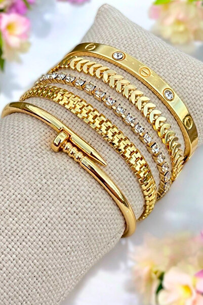 Crc Bijuteri مجموعة أساور نسائية مكونة من 5 أحجار الزركون وتفاصيل متعرجة مع ط...