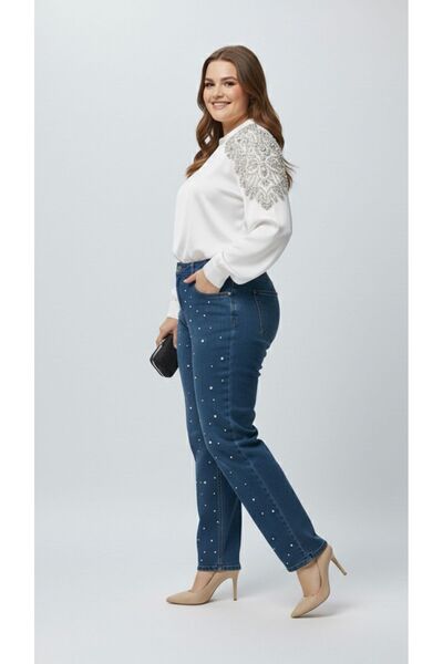 nd jeans Premium Plus Size Jeans Wide Leg High Waist Pearl Stone-Detail Denim Trousers
