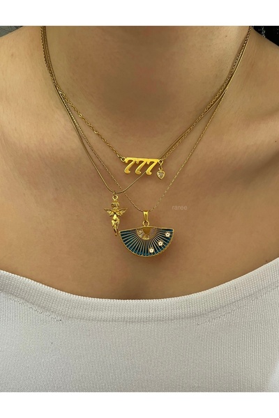 RAREE 777, melek, lacivert yelpaze 3lü kolye seti