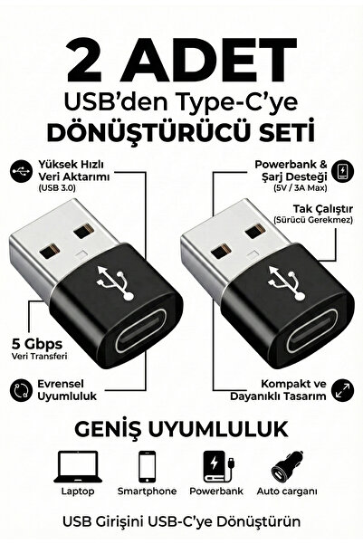 LOVYCO 2 Ad Usb To Type-c 3.0 Veri Aktarımı Otg Çevirici Usb'den Type-c'ye Dö...