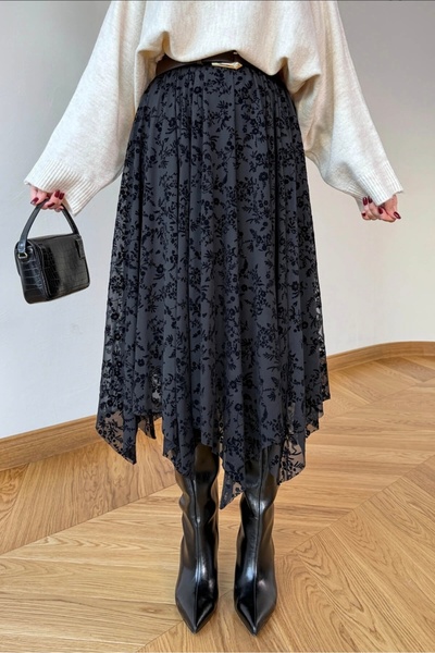 UZER siyah Flok Baskılı Asimetrik Kesim yeni sezon midi boyTül Etek