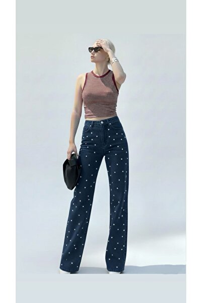 nd jeans Blugi pentru femei cu picioare largi talie înaltă Pearl T cu pietre ...