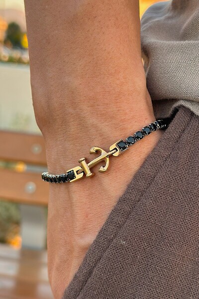 HERİF Aksesuar Erkek Çapa Motifli Siyah Zirkon Taşlı Ayarlanabilir 18+3cm Çel...