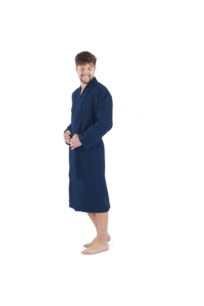 Bagno Milano Waffle Desenli %100 Pamuk Erkek Bornoz - Lacivert Erkek Bornoz -...