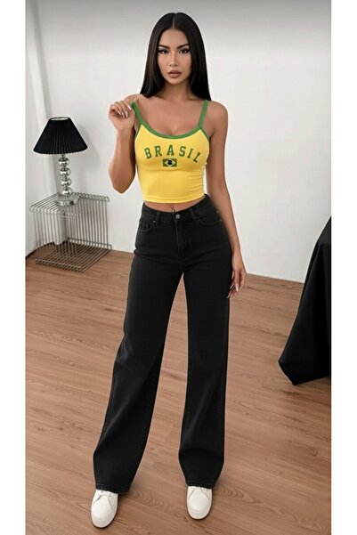 NWC Women's Black Stretch Fabric Super High Waist Loose Jean Leg Denim Palazz...