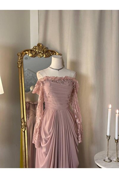 vanus fashion 6148-فستان وردي فاخر بأكمام دانتيل وتفاصيل أنثوية ناعمة