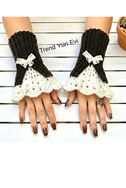 TrendYünEvi Hand Knitted Fingerless Gloves (Dark Brown)(S-M-L) Knitted with C...