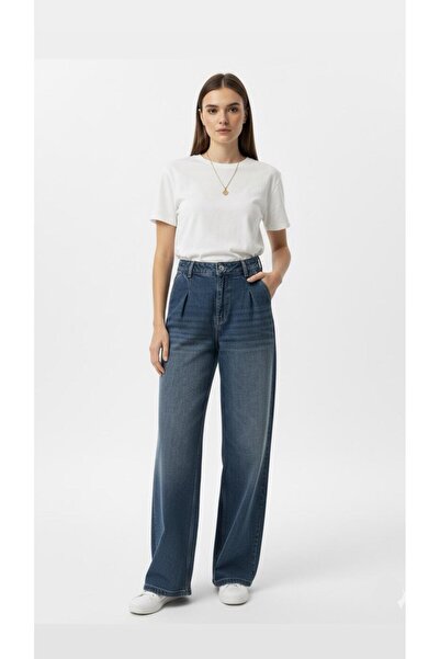 nd jeans جينز نسائي للموسم الجديد - بنطلون جينز فضفاض ذو أرجل واسعة وطيات وتأ...