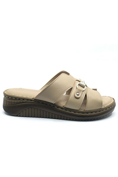 Venüs Roz Genuine Leather Women's Slippers Beige