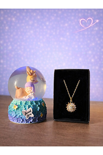 Rüya Kıyısı Geyik ve Kız Kış Masalı Işıklı Orta Boy Kar Küresi ve Dönen Çiçek...