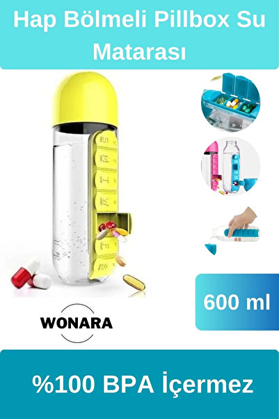 Wonara Özel Tasarım Uzun Ömürlü İlaç Kutusu Pillbox Su Matarası 600 Ml Suluk ...