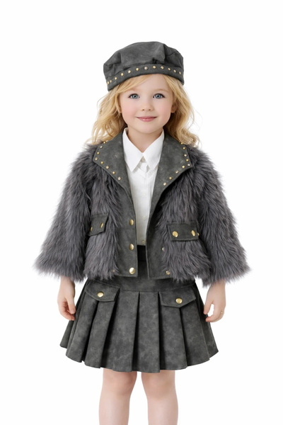 Kidmark Çocuk Modası Girl's Fur Leather Skirt 4-Piece Gray Set