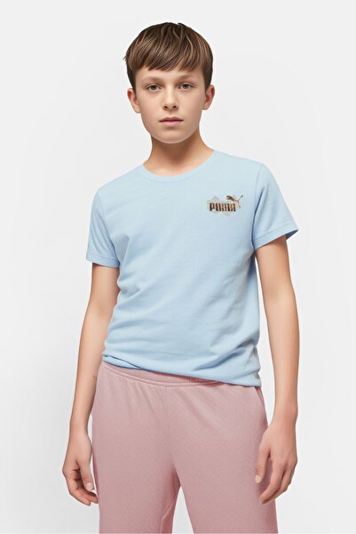 Puma تي شيرت رياضي للأولاد بأكمام قصيرة مناسب للأنشطة الخارجية، أزرق فاتح