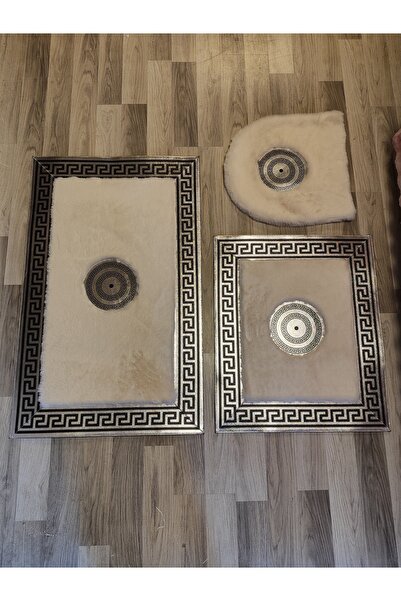 KuzeyCarpet Ekru renkli gümüş varaklı peluş banyo takımı