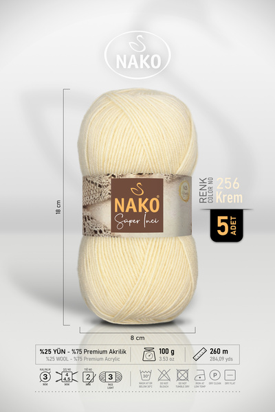 NAKO Super Pearl - 256 Cream - 5 Pack - 100Gr/260M - Hand Knitting Yarn - Sca...