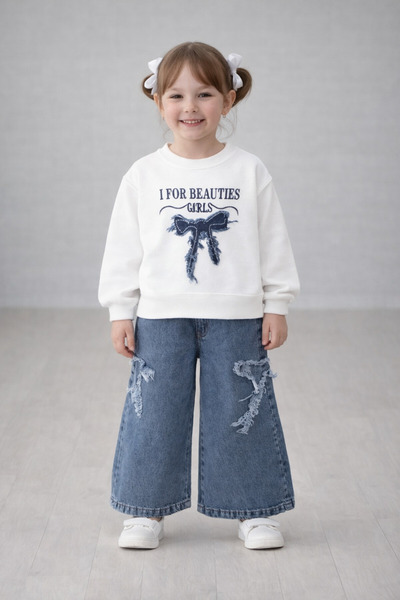 nazarbebe Kız Çocuk Sweatshirt ve Kot Pantolon Takım – Mavi Fiyonklu, Rahat K...