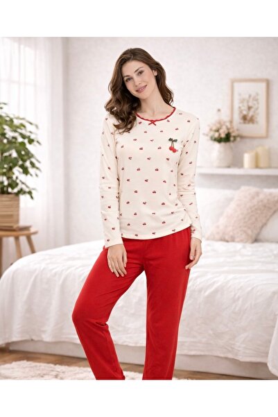 BOYRAZ Women's Ecru Cherry Patterned Pajama Set – Soft Fabric, Transitional C...