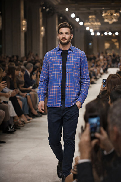 Varetta Erkek Mavi Kareli Kışlık Gömlek Cepli Geniş Kesim