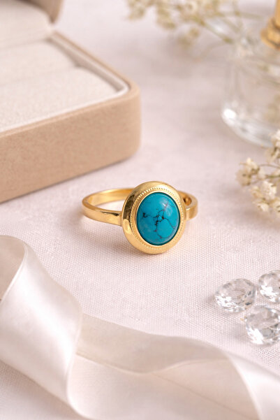 Siset Gümüş 925 Ayar Sarı Altın Kaplama Firuze (TURKUVAZ ) Taşlı Gümüş Yüzük