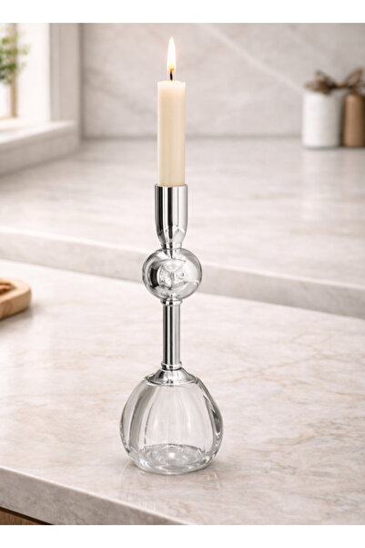 ALQANNAS حامل شموع أنيق من الفولاذ الفضي مع زجاج كريستالي، تصميم زخرفي فاخر