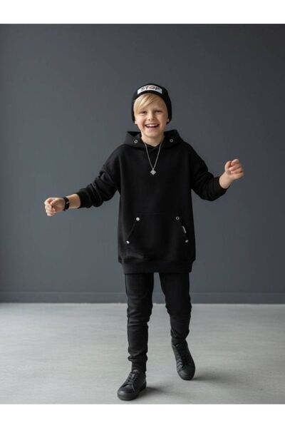 Zekids Hanorac din bumbac cu glugă cu detaliu snap pentru copii