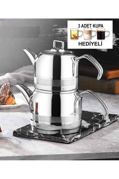 Kahramanlar Medium Size Teapot Set with 3 Cups Gift