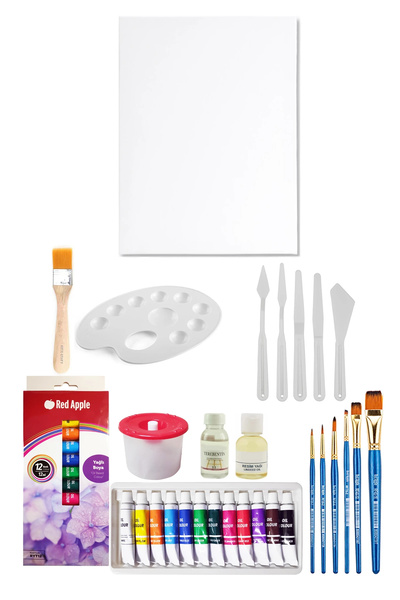 ACUTO Tüp Yağlı Boya Seti 12'li Plastik Spatula Seti 6'lı 35x50 Tuval Seti