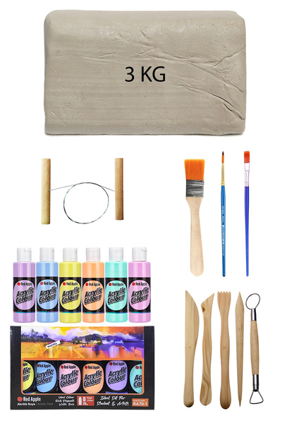ACUTO Beyaz Seramik Hamuru 3 Kg Red Apple Akrilik Set Pastel Renk 6lı 70 Cc E...