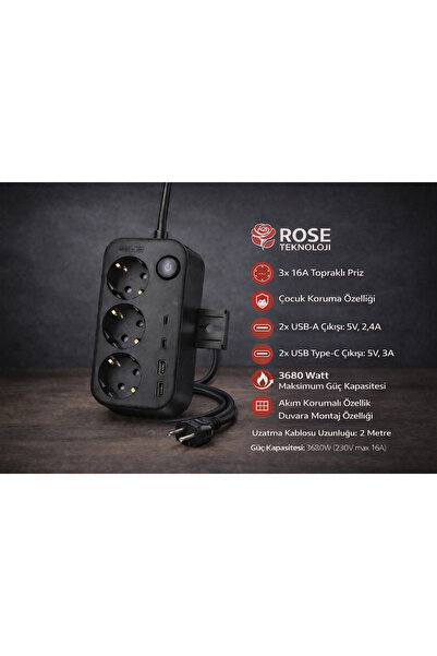 ROSE TEKNOLOJİ 3 PRİZ 2 USB 2 TYPE-C GİRİŞLİ AKIM KORUMALI VE GÜVENLİK KAPAKL...