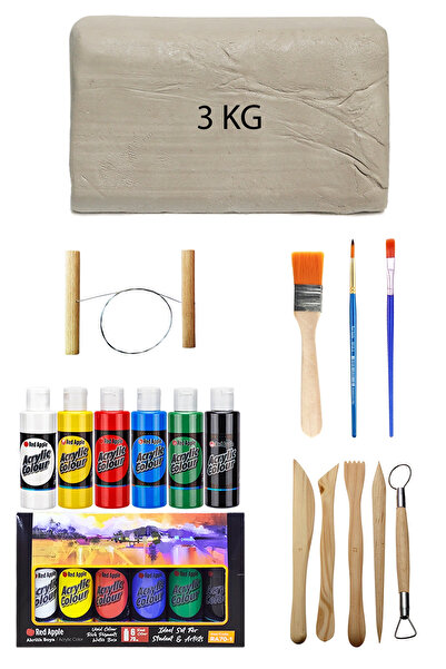 ACUTO Beyaz Seramik Hamuru 3 Kg Red Apple Akrilik Set Ana Renkler 6lı 70 Cc E...