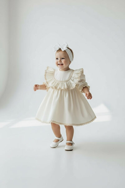 Hobidik Kız Bebek Çocuk Pamuk Saten Krem Fistolu Mevlüt Elbise Seti