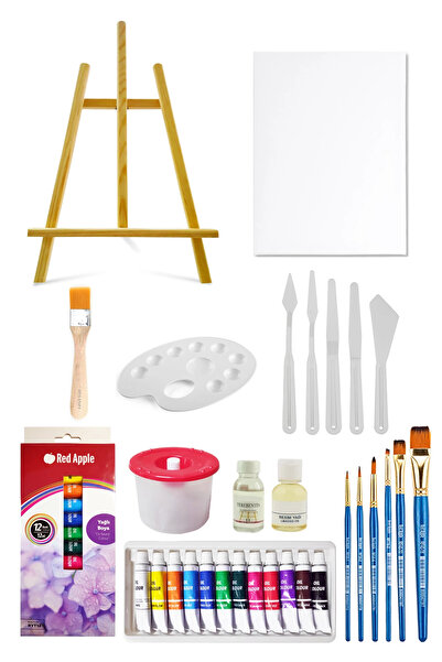 ACUTO Mini Şövale Seti Tüp Yağlı Boya Seti 12'li Plastik Spatula Seti 25x35 T...