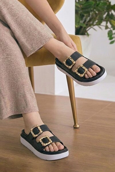 Nstil Daily Women's Black Slippers Double Buckle Metal Detail Soft Comfortabl...