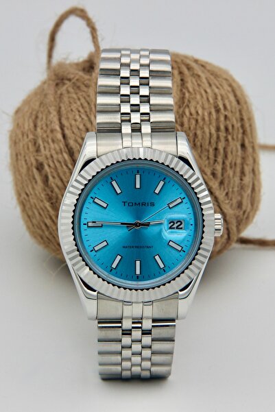 TOMRİS Tamamen Paslanmaz Çelik, Su geçirmez, Gümüş Kordon, Takvimli, Mavi Kad...