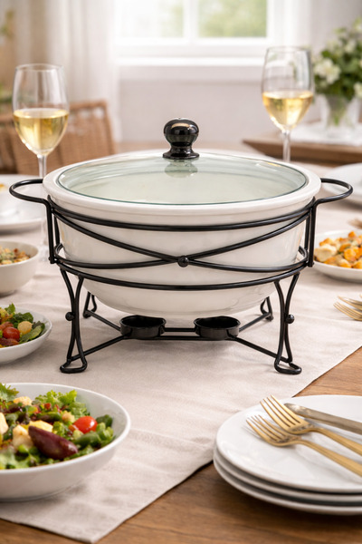 ALQANNAS سخان طعام بوفيه شوربة سيراميك دائري سعة 3.3 لتر على حامل معدني من ال...