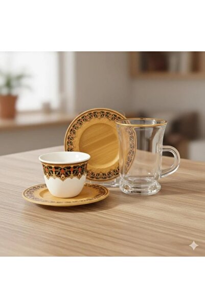 Dania طقم شاي وقهوة مكون من 18 قطعة 6 أكواب شاي زجاجية 6 أطباق خشبية 6 أكواب ...