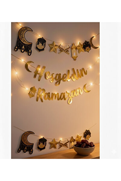 Parti Zamanı Ramazan Dekoratif Banner ve Yazı Seti + Led Işıklı