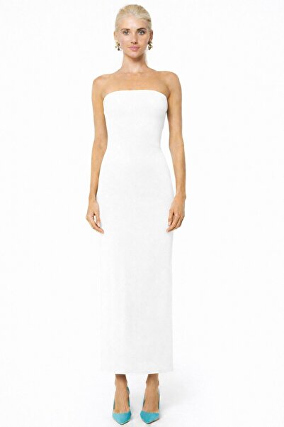 Shop Krutzo Kadın Straplez Askısız Kırık Beyaz Midi Gece Elbisesi