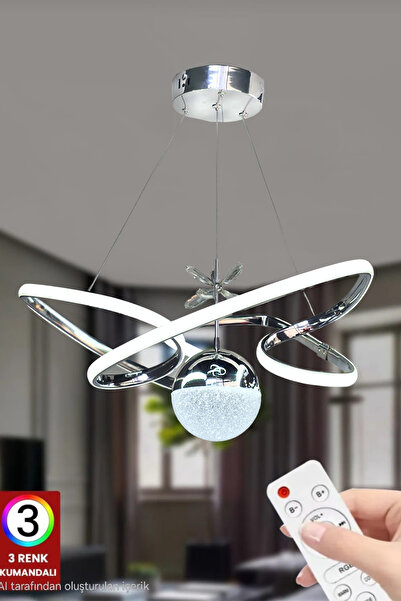 FUZON 3 Renk Toplu Kumandalı Krom Gümüş Salon Led Avize Hayal Ledli Avize Büy...