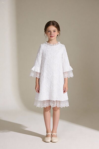 Augie Leauphant Kırık Beyaz Güpür Elbise