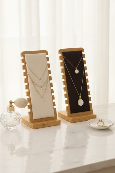 Generic Brand 2-Piece Decorative Wooden Jewelry Organizer Stand Necklace Bracelet Accessory Organizer (Black-Cream) Gift