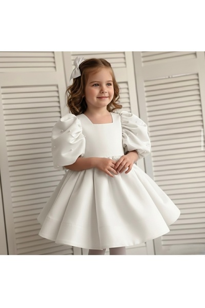 Asel Kids ROCHIE MINI ALBĂ CU MÂNECĂ BONETA DETALIE PERLE FETE