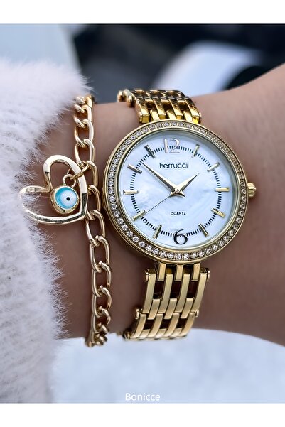 Ferrucci ساعة يد نسائية ذات لون أصفر بسلك فولاذي + سوار مطرز بالعين الشريرة