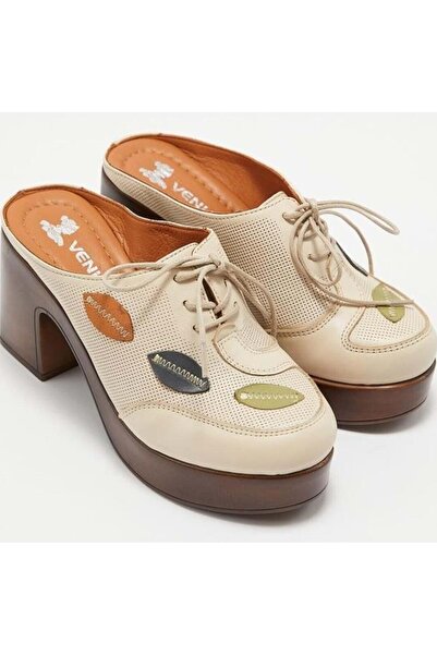 Venüs Otis Genuine Leather Women's Slippers Beige