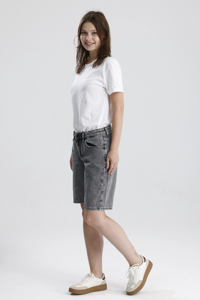 Seven7Original #BermudaŞort %100 Pamuk Açık Gri Denim Boyfriend Fit Formu Mag...