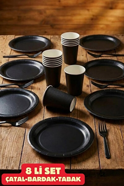 Baloncu Dede Karton Siyah 8 Adet Renkli Tabak Bardak Set Doğum Günü Süsleme P...