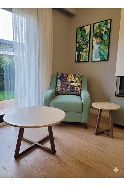 Carpinus Orta Sehpa + Yan Sehpa 2’li Set | Gürgen Ayaklı, Traverten MDF Tabla