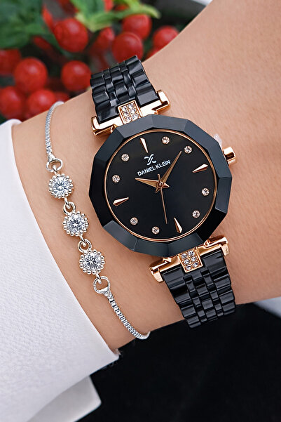 Daniel Klein Orjinal 2 Yıl Garantili Kesme Cam Rose Gold Siyah Kordon Kadın K...