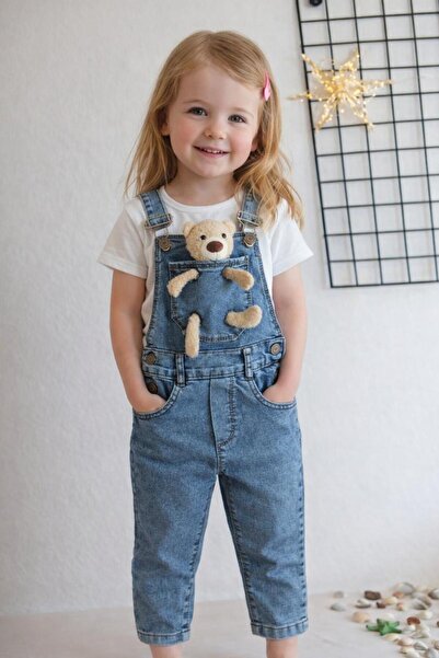 Genel Markalar Unisex Çocuk Ayıcıklı Kot Salopet Pantolon