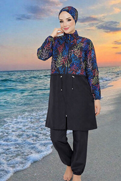 DLC Tekstil Yaprak Desenli Beli Lastikli Tesettür Mayo Bone Hediyeli